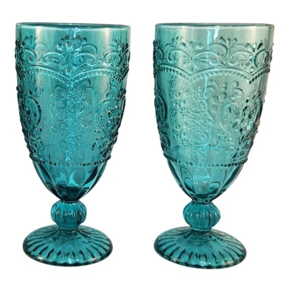The Pioneer Woman, Made in China Other - The Pioneer Woman Amelia 2-Piece 14.7 Oz Glass Goblet Set Embossed Design Teal D